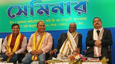 Minister Sudhangshu Das and Animesh Debbarma attended a conference of ST-SC officers at Muktadhara auditorium in Agartala on January 4.